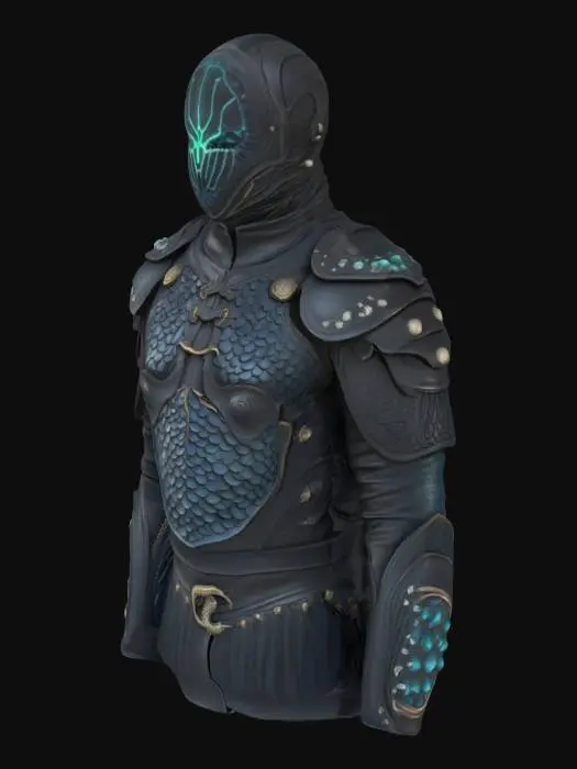 3D model for Create a highly detailed, realistic 3D model of dark, oceanic-themed leather armor. The armor should evoke deep-sea aesthetics with sleek, layered leather segments resembling overlapping fish scales, sharkskin textures, and stylized wave embossing. Incorporate subtle, sinister motifs: octopus tentacles coiled around the shoulders and waist, with black pearl accents or dark coral detailing. Color palette should include midnight blues, abyssal blacks, and deep teal, enhanced by slight bioluminescent highlights along edges. Include weathered metal buckles and clasps, suggesting exposure to ocean depths. Lighting should accentuate the armor’s texture and intricate oceanic patterns., #ocean#