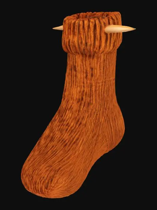 3D model for A half-finished woolen sock, still on the knitting needles, displayed with realistic detail and 3D depth. The yarn is thick and slightly coarse, in warm tones—russet, ochre, and deep chestnut—evoking an old world, handmade aesthetic. Wooden double-pointed needles are inserted through the live stitches, showing loops mid-process. The sock rests in a casual coil, with some tension visible in the working yarn. Add texture variation for the ribbed cuff, smoother foot section, and minor imperfections that suggest it is being hand-knit. Style is rustic, naturalistic, and suited to a fantasy or historical setting.


