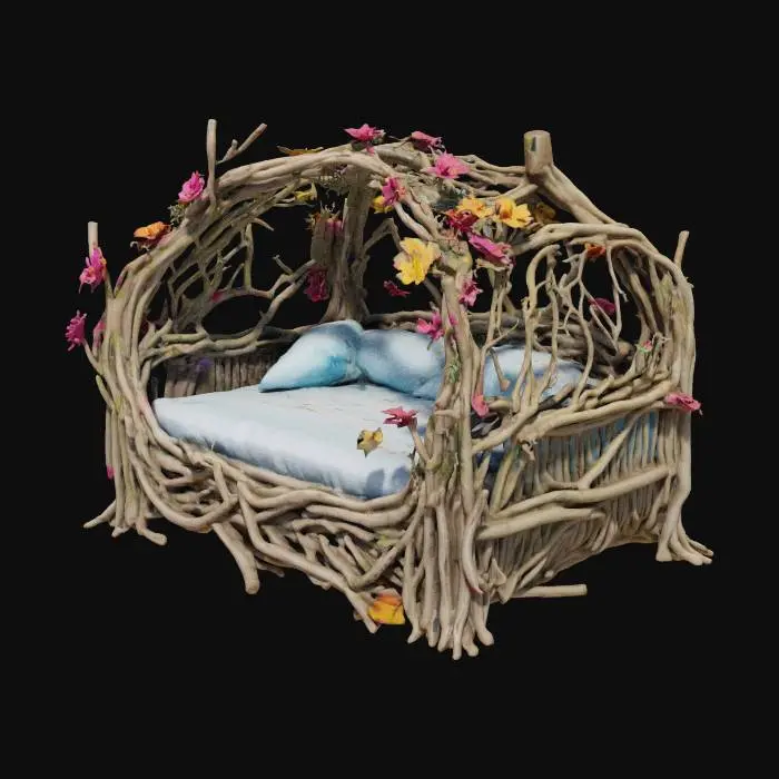 3D model for fantasy outdoor bed made with woven twigs and roots, pale blue cushions, highly detailed bright colored flowers growing up the back and sides