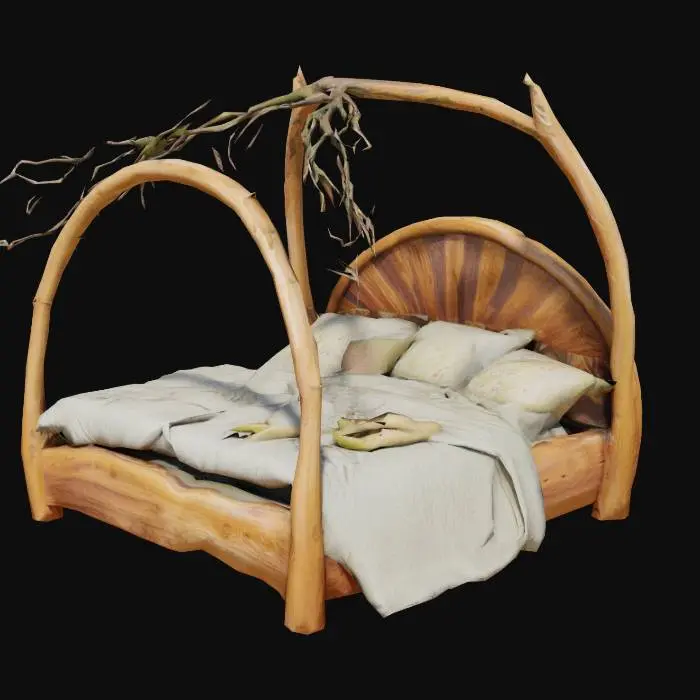 3D model for A large, curved druid’s bed made of natural wood and living elements. The frame is carved from smooth, gnarled roots and polished tree limbs, shaped into an elegant, crescent-like curve. A half-canopy of living branches arches over the head of the bed, woven with blooming flowers, soft moss, and trailing vines. Delicate wildflowers peek through the foliage, and soft natural light filters through the leaves. The bedding is plush and cozy, made of homespun linen and wool in earth tones, with embroidered patterns of leaves, moons, and forest animals. The whole design is grounded, enchanting, and organically grown, as if part of a forest sanctuary.