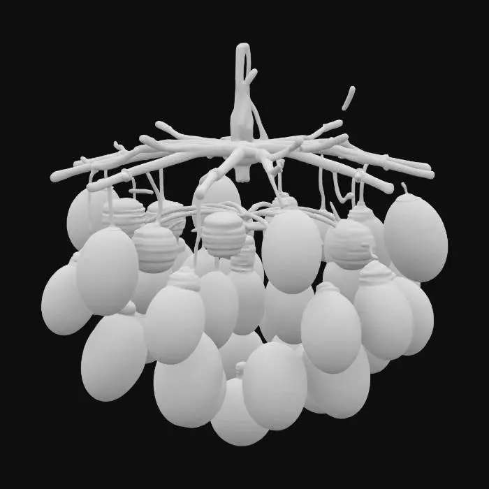 3D model for Create a chandelier made entirely of sea glass fishing floats in varying sizes, suspended from weathered driftwood arms in a spiral or cascading arrangement. Each float is made of translucent, frosted glass in oceanic hues—teal, aqua, deep blue, and seafoam green—bound with fine netting or corroded bronze wire. The floats softly glow from within, casting dappled light and watery reflections like sunlight beneath the sea. Add subtle barnacle clusters and tiny shells as accents. Realistic 3D depth, soft ambient illumination, transparent background. Fantasy oceanic setting., #ocean#