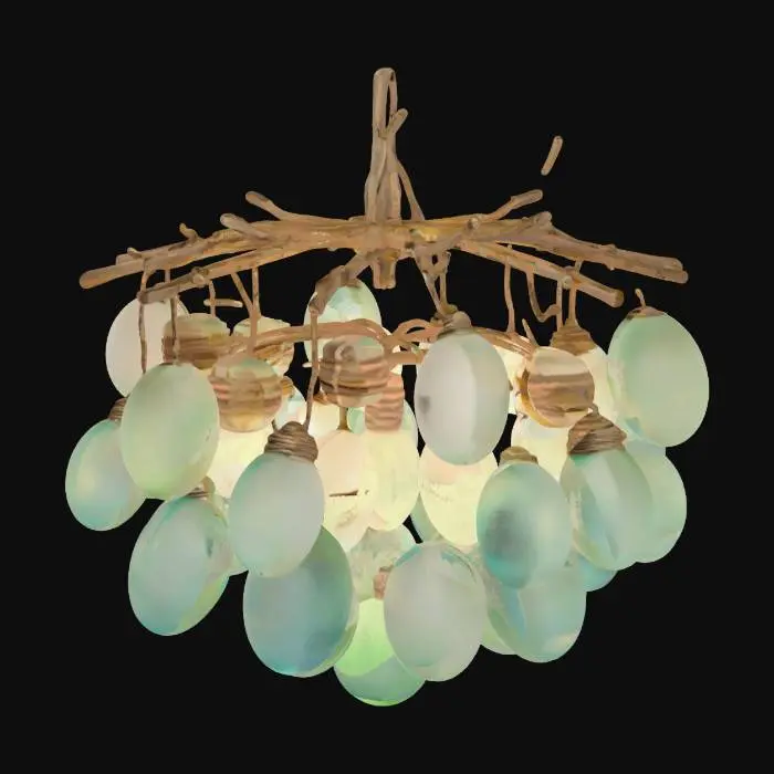 3D model for Create a chandelier made entirely of sea glass fishing floats in varying sizes, suspended from weathered driftwood arms in a spiral or cascading arrangement. Each float is made of translucent, frosted glass in oceanic hues—teal, aqua, deep blue, and seafoam green—bound with fine netting or corroded bronze wire. The floats softly glow from within, casting dappled light and watery reflections like sunlight beneath the sea. Add subtle barnacle clusters and tiny shells as accents. Realistic 3D depth, soft ambient illumination, transparent background. Fantasy oceanic setting., #ocean#