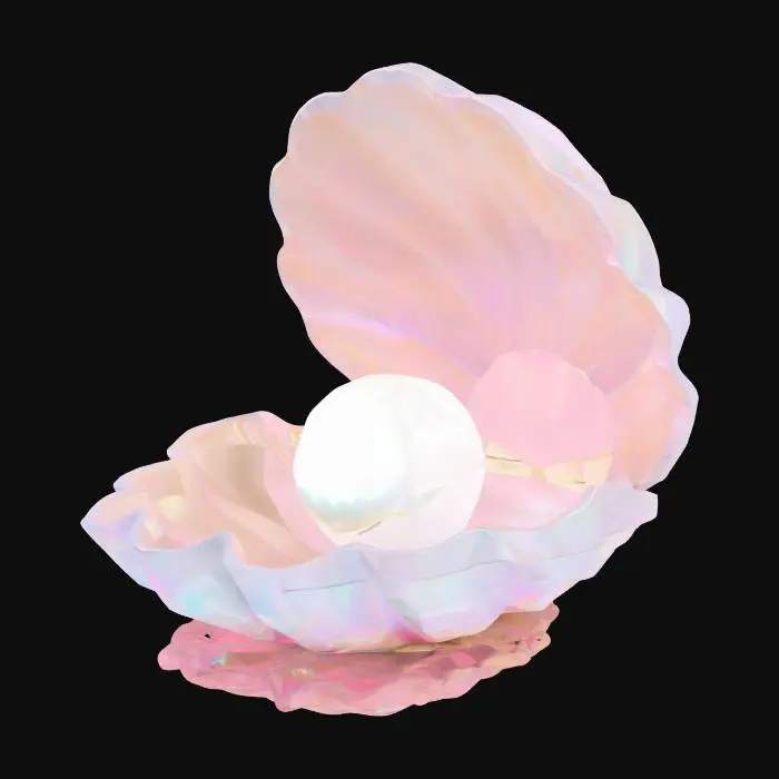 3D model for A low-poly decorative jewelry box shaped like a stylized clamshell, partially open to reveal a glowing pearl nestled inside. The exterior is layered in iridescent mother-of-pearl textures with angular, faceted geometry to evoke shimmer despite low polygon count. The pearl is oversized, smooth, and emits a soft ambient light. The box rests on a low-poly coral pedestal with hints of seaweed, adding contrast. Stylized oceanic lighting and subtle translucency on shell edges. Fantasy-inspired, minimalist, and jewel-like in presentation. Use a soft pastel palette with pearlescent gradients., #ocean#