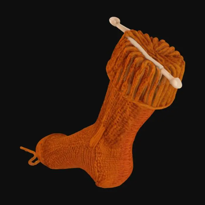 3D model for A half-finished woolen sock, still on the knitting needles, displayed with realistic detail and 3D depth. The yarn is thick and slightly coarse, in warm tones—russet, ochre, and deep chestnut—evoking an old world, handmade aesthetic. Wooden double-pointed needles are inserted through the live stitches, showing loops mid-process. The sock rests in a casual coil, with some tension visible in the working yarn. Add texture variation for the ribbed cuff, smoother foot section, and minor imperfections that suggest it is being hand-knit. Style is rustic, naturalistic, and suited to a fantasy or historical setting.


