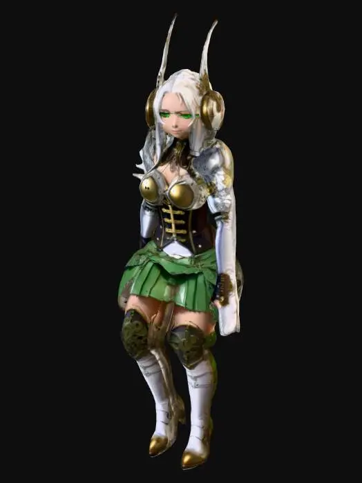 3D model for Steampunk cute anime girl with armor plated boots, a clockwork key on her back, long white hair, green eyes, armor plated skirt, and angel wings on her back.