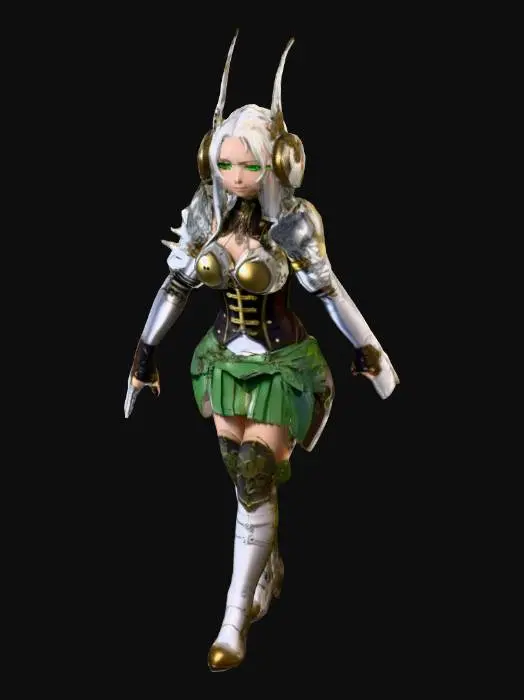 3D model for Steampunk cute anime girl with armor plated boots, a clockwork key on her back, long white hair, green eyes, armor plated skirt, and angel wings on her back.