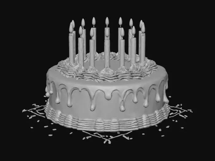 3D model for create a detailed 2 layer choclate birthday cake with 19 candles saying happy birthday hayley in cursive writing on the front of the cake with icing dripping down no sprinkles