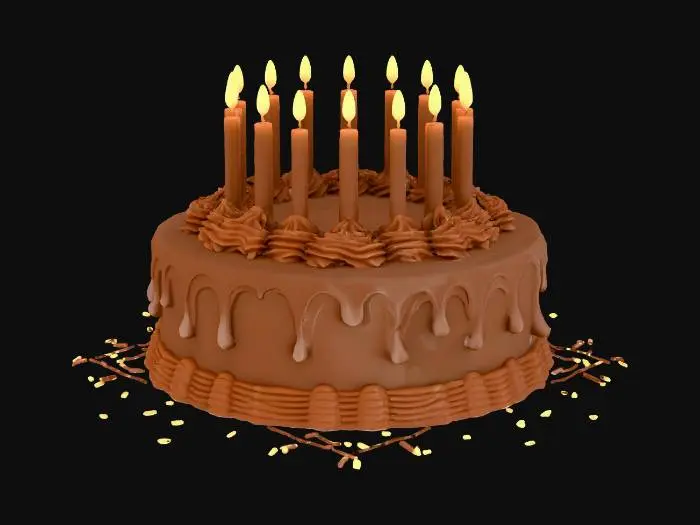 3D model for create a detailed 2 layer choclate birthday cake with 19 candles saying happy birthday hayley in cursive writing on the front of the cake with icing dripping down no sprinkles