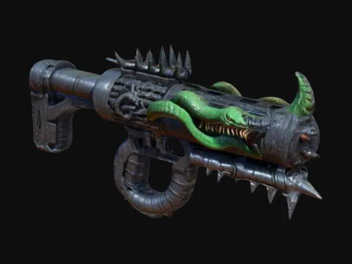 3D model for minigun, doom style, demonic, gothic, detailed, ultrakill style, snake motifs, cool, Game Asset
