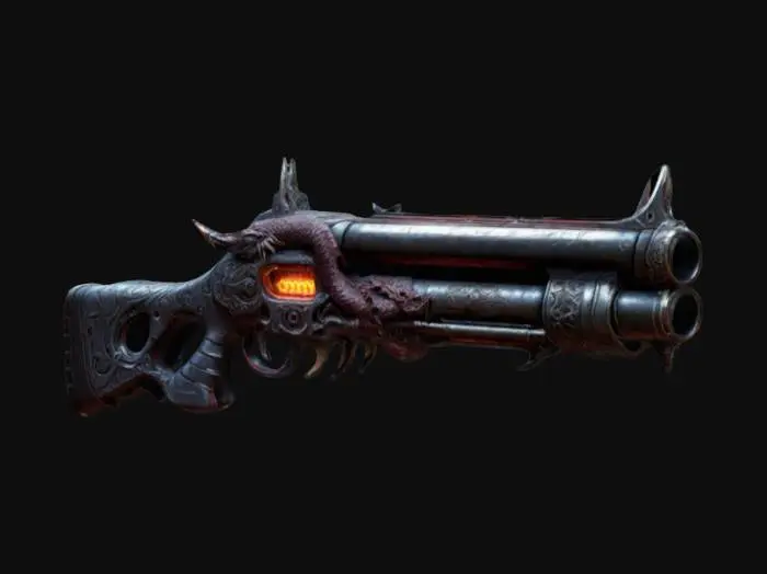 3D model for a demonic cool shotgun. doom style, ultakill style, gothic, ultra detailed, 4k, snake motifs.