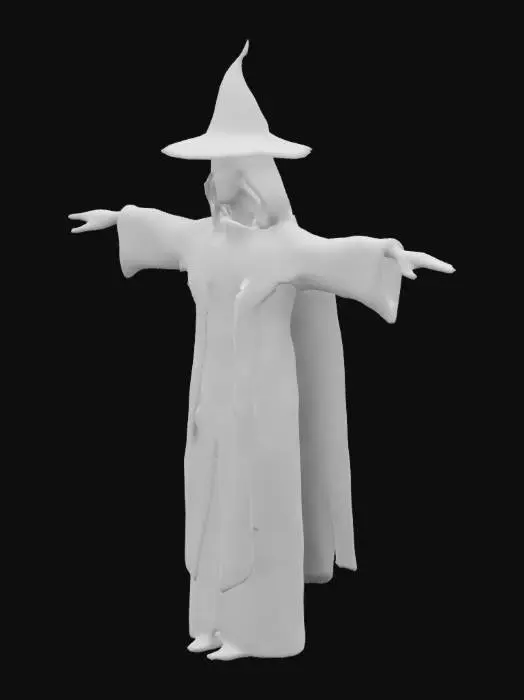 3D model for a gothic mysterious shopkeeper.  has a hat black and purple., Stylized,, T-pose, Full Body, Symmetrical Body