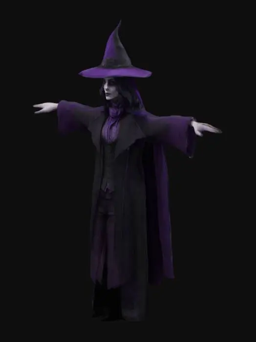 3D model for a gothic mysterious shopkeeper.  has a hat black and purple., Stylized,, T-pose, Full Body, Symmetrical Body