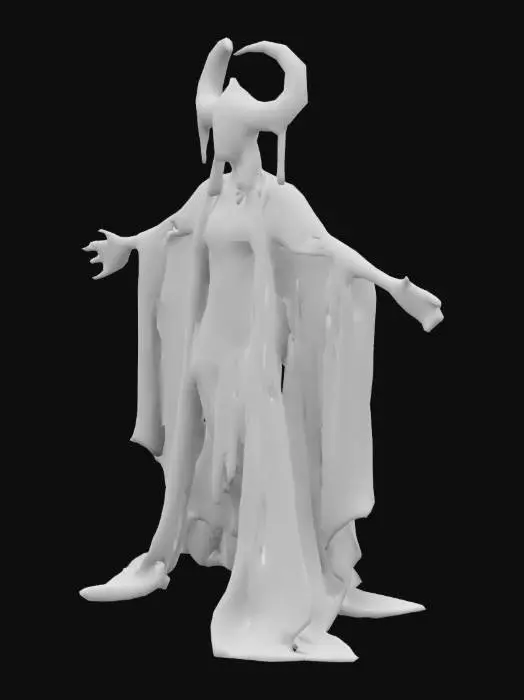 3D model for a cool shopkeeper creature. Stylized,, T-pose, Full Body, Symmetrical Body, charon hades style, doom style, ultrakill style