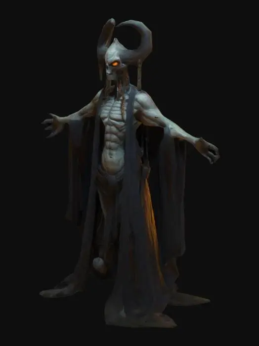 3D model for a cool shopkeeper creature. Stylized,, T-pose, Full Body, Symmetrical Body, charon hades style, doom style, ultrakill style