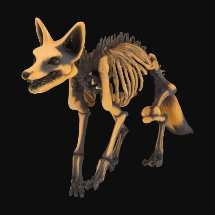 3D model for Create a high-resolution game asset of a skeletal arctic fox. The bones should be natural, non-metallic, and appear charred or burnt, with darkened edges, ash-streaked texture, and signs of fire damage. No fur or armor — just exposed bone, cracked and scorched, with intricate anatomical detail. Paws slightly curled as if mid-motion or frozen in agony. Environmentally neutral background for easy integration. Stylized for a dark fantasy or post-apocalyptic setting. Must be eerie, haunting, and visually striking without looking metallic or mechanical. #game_asset#