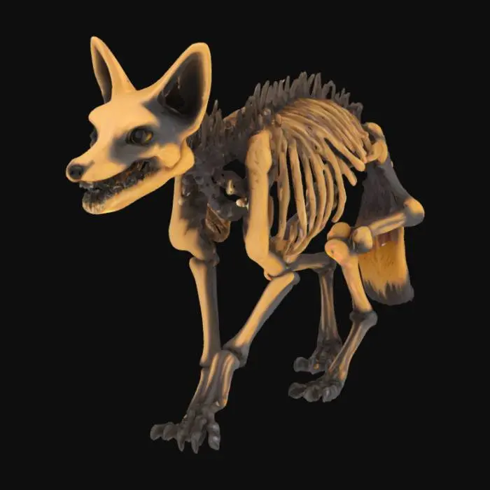 3D model for Create a high-resolution game asset of a skeletal arctic fox. The bones should be natural, non-metallic, and appear charred or burnt, with darkened edges, ash-streaked texture, and signs of fire damage. No fur or armor — just exposed bone, cracked and scorched, with intricate anatomical detail. Paws slightly curled as if mid-motion or frozen in agony. Environmentally neutral background for easy integration. Stylized for a dark fantasy or post-apocalyptic setting. Must be eerie, haunting, and visually striking without looking metallic or mechanical. #game_asset#