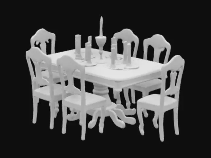 3D model for A HORROR DINNING TABLE AND CHAIRS AROUND IT AND SOME BURNED OUT CANDLES ON THE TABLE