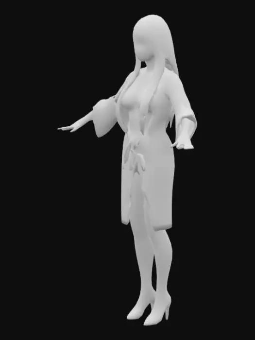 3D model for highest quality, High resolution straight long blonde hair female with big blue eyes with medium teeth, closed mouth , in bikini and half closed robe, pink high heels standing legs with black stocking, insane detailed, character design, full body, arms outstretched
