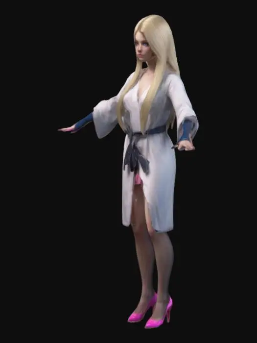 3D model for highest quality, High resolution straight long blonde hair female with big blue eyes with medium teeth, closed mouth , in bikini and half closed robe, pink high heels standing legs with black stocking, insane detailed, character design, full body, arms outstretched
