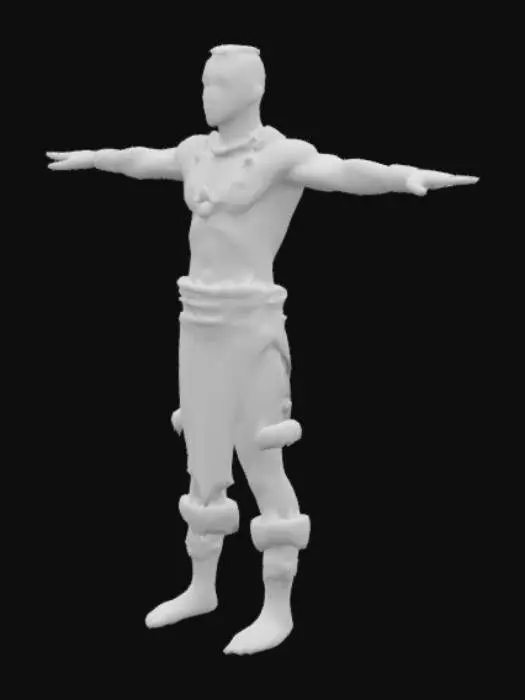 3D model for Full-body 3D T-pose of a 28-year-old dark-skinned muscular Zulu warrior with short afro hair and realistic African facial features. Wearing red and gold geometric tribal skirt, fur leg cuffs, layered beaded necklaces, armbands. Barefoot, upright pose. Serious expression. Balanced lighting, neutral gray backdrop. 4K realism, accurate anatomy, game-ready and ideal for rigging.

