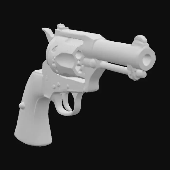3D model for A stylized, chunky pistol featuring a prominent, flared gray metal muzzle and a robust, curved dark brown wooden grip. The barrel and firing mechanism are crafted from a dull gray metal, adorned with ornate scrollwork. Warm, slightly tarnished gold accents and a jagged-edged trigger guard contrast with the cool metal. The dark brown wood exhibits visible grain and minor chipping, lending a weathered, rustic texture to the solid, substantial structure, suggesting a hand-forged appearance.
