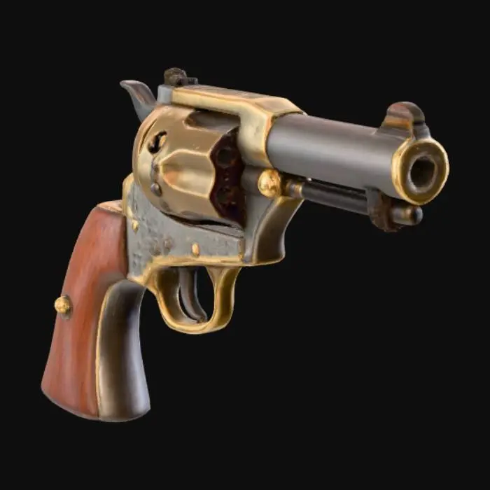3D model for A stylized, chunky pistol featuring a prominent, flared gray metal muzzle and a robust, curved dark brown wooden grip. The barrel and firing mechanism are crafted from a dull gray metal, adorned with ornate scrollwork. Warm, slightly tarnished gold accents and a jagged-edged trigger guard contrast with the cool metal. The dark brown wood exhibits visible grain and minor chipping, lending a weathered, rustic texture to the solid, substantial structure, suggesting a hand-forged appearance.