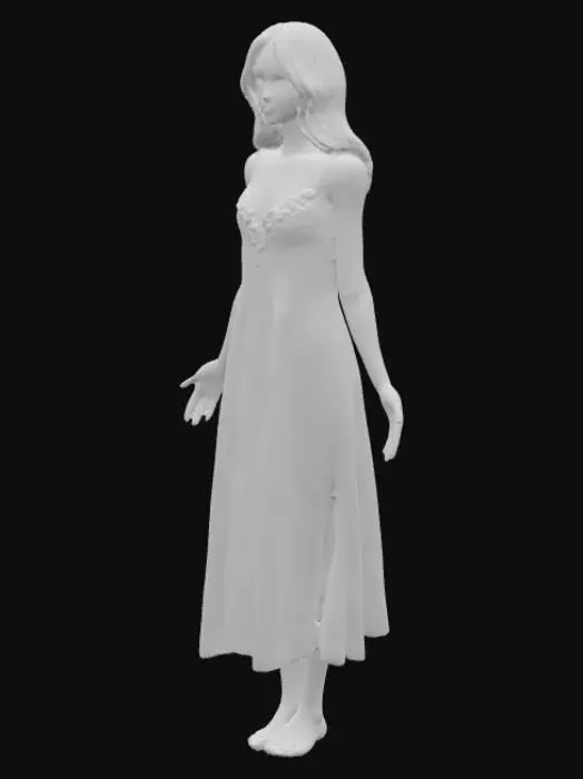 3D model for Young woman with a melancholic style inspired by Evanescence lead singer, Latin American features, dark hair, somewhat brown skin, dark eyes, wearing a delicate white nightgown with straps, barefoot, manga handrawn style