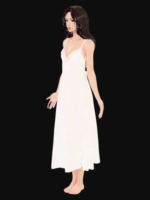3D model for Young woman with a melancholic style inspired by Evanescence lead singer, Latin American features, dark hair, somewhat brown skin, dark eyes, wearing a delicate white nightgown with straps, barefoot, manga handrawn style