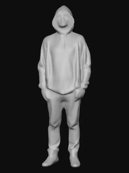 3D model for a human in casual wear who has a black hoodie with the hood up and grey jeans on
