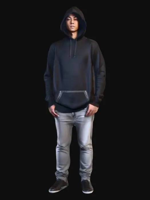3D model for a human in casual wear who has a black hoodie with the hood up and grey jeans on