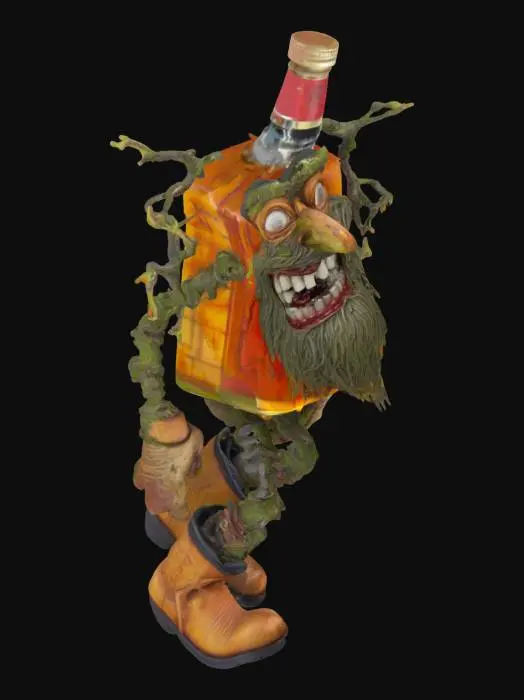 3D model for Behold a whiskey bottle with a twisted grin, sporting a patchy beard of moss and a lone, bloodshot eye glaring from its label. Its arms are gnarled vines, dripping with sap, while a pair of hairy, muscular legs sprout from the base, ending in cracked cowboy boots. It staggers forward, sloshing amber liquid, a drunken, feral mess reeking of oak and regret—equal parts menace and pathetic hilarity