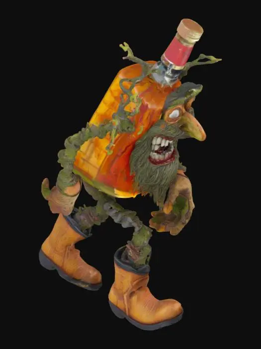 3D model for Behold a whiskey bottle with a twisted grin, sporting a patchy beard of moss and a lone, bloodshot eye glaring from its label. Its arms are gnarled vines, dripping with sap, while a pair of hairy, muscular legs sprout from the base, ending in cracked cowboy boots. It staggers forward, sloshing amber liquid, a drunken, feral mess reeking of oak and regret—equal parts menace and pathetic hilarity