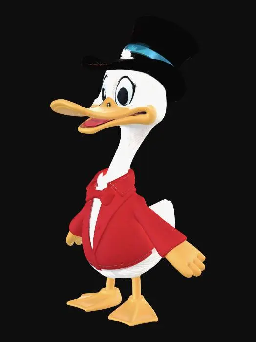 3D model for Ilustração em estilo cartoon clássico de um pato antropomórfico inspirado em personagens vintage, com cabeça branca e bico amarelo sorridente. Ele usa uma cartola preta elegante com uma faixa azul. Seus olhos são estilizados como símbolos de dólar ($), grandes e brilhantes, transmitindo riqueza e ganância de forma cômica. O personagem tem expressão alegre e confiante, com um leve sorriso malicioso. Usa roupa vermelha na parte inferior do corpo. Traço limpo, cores sólidas e vibrantes, estilo semelhante a animações antigas, fundo simples ou transparente. cartoon retrô, animação dos anos 1930–1950. close-up do rosto e parte superior do corpo