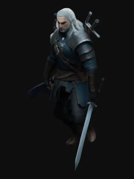 3D model for Ведьмак с обнаженным мечом в руке идёт по лестнице, но лестницу отображать не надо