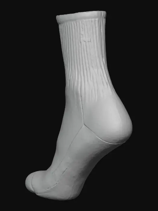 3D model for An athletic ankle sock crafted from a smooth, breathable synthetic fabric blend of polyester and spandex. It showcases a finely woven mesh pattern over the instep for ventilation, and a thicker, looped terry texture within the sole for cushioning. The sock is predominantly bright white with a narrow, contrasting black stripe accenting the heel.
