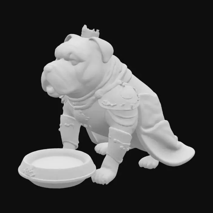 3D model for british bull dog wearing a suit of armour with a dog bowl, #AroundTheWorld#