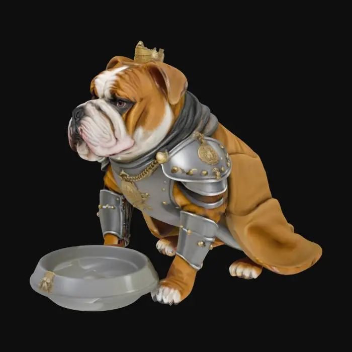 3D model for british bull dog wearing a suit of armour with a dog bowl, #AroundTheWorld#