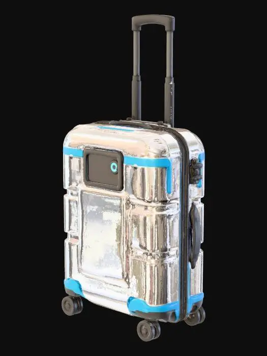 3D model for create a suitcase with these specifications, camera (esp32 wifi camera), LED screen, battery (built-in Li-ion), material of the suitcase (polycarbonate), charger (add a type c wire that can be pulled out for charging devices), add dynamo for the wheels to generate power to the battery