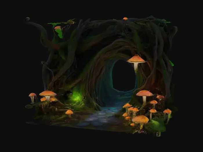 3D model for A magical, overgrown forest gateway made entirely of twisted roots, flowering shrubs, and living wood, shaped organically as if grown by nature itself. Glowing vines drape over it, with sparkling moss and vibrant magical plants blooming from every surface. Strange bioluminescent mushrooms cluster around its base, casting a soft, colorful glow on the forest floor. The path beyond winds into a dreamy, open forest filled with surreal vegetation, luminous petals, and whimsical foliage. Rendered in high-contrast, cel-shaded, Ghibli-inspired style with rich greens, soft sunlight, and a vibrant, mystical atmosphere., #arch#