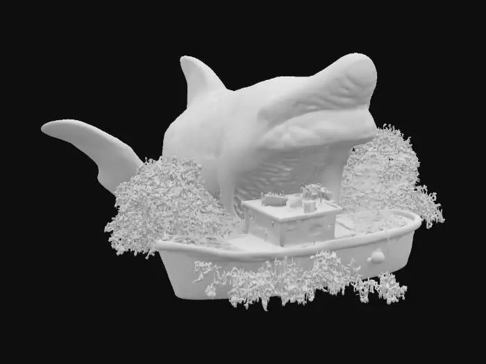 3D model for A diorama set on the ocean of a giant megalodon snapping a small fishing boat in half , #ocean#