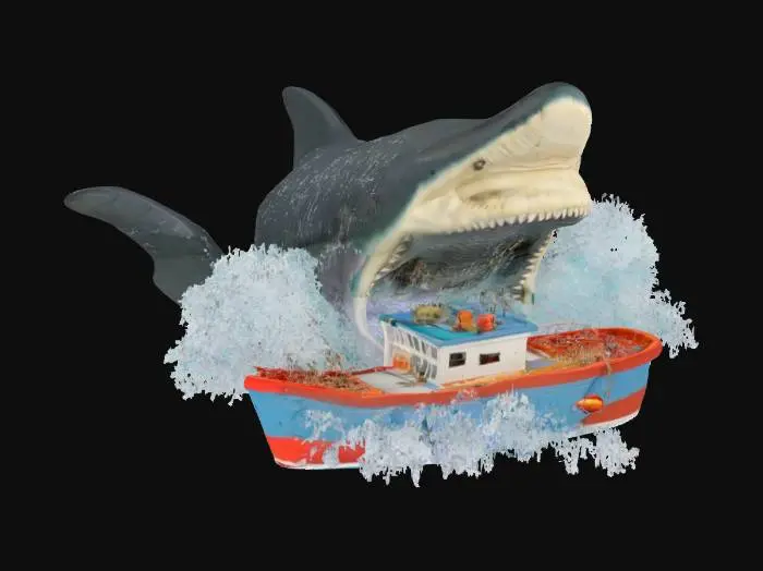 3D model for A diorama set on the ocean of a giant megalodon snapping a small fishing boat in half , #ocean#