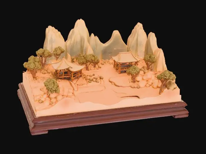 3D model for A wider, rectangular horizontal Chinese cork diorama, sculpted solely from pale, natural cork. It features a scaled-up, diverse Chinese landscape with distinct mountains, traditional structures, and lush trees. The cork exhibits a coarse yet refined texture, devoid of overly fine details. This entire sculpture is encased in clear, smooth rectangular glass, resting elegantly on a polished, dark wooden base.