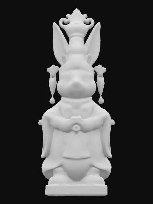 3D model for Make a statue of a rabbit, in a chinese statue style, make the rabbit look like taoist deity, specifically, add the taoist headdress know as a "Lianhua Guan"  , I want the statue to be visibly made out of stone with some red and some gold leafs on some parts of the statue.
