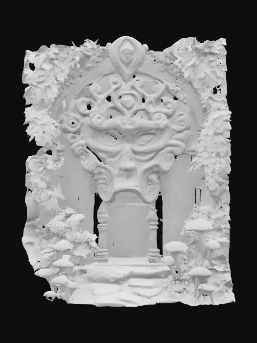 3D model for A fantasy scene featuring a grand, ancient stone portal in the form of a multi-faced cyclopean head. Overgrown foliage with colorful flowers and shrubbery, and some patches of bioluminescent shrooms, grow over the portal. The portal's mouth glows intensely with magical blue energy, inviting entry. The setting is a serene bay, suggesting a blend of natural beauty and arcane mystery. There is nothing in the foreground, and no human characters are present.,
High contrast, stylized, fantasy, cell shaded #arch#