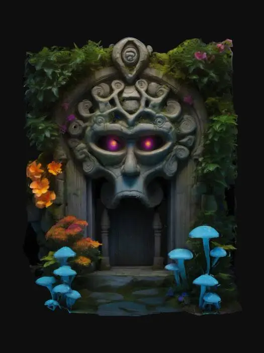 3D model for A fantasy scene featuring a grand, ancient stone portal in the form of a multi-faced cyclopean head. Overgrown foliage with colorful flowers and shrubbery, and some patches of bioluminescent shrooms, grow over the portal. The portal's mouth glows intensely with magical blue energy, inviting entry. The setting is a serene bay, suggesting a blend of natural beauty and arcane mystery. There is nothing in the foreground, and no human characters are present.,
High contrast, stylized, fantasy, cell shaded #arch#