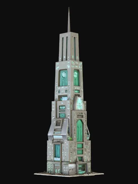 3D model for Create a skyscraper similar in sci fi style as the reference (it is from the Freelancer game from2003) blank background, view if fully from the very bottom, the base, to the very top top