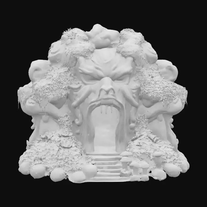 3D model for A fantasy scene featuring a grand, ancient stone portal in the form of a multi-faced cyclopean head. Overgrown foliage with colorful flowers and shrubbery, and some patches of bioluminescent shrooms, grow over the portal. The portal's mouth glows intensely with magical blue energy, inviting entry. The setting is a serene bay, suggesting a blend of natural beauty and arcane mystery. There is nothing in the foreground, and no human characters are present.,
High contrast, stylized, fantasy, cell shaded #arch#