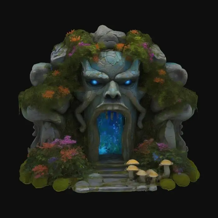 3D model for A fantasy scene featuring a grand, ancient stone portal in the form of a multi-faced cyclopean head. Overgrown foliage with colorful flowers and shrubbery, and some patches of bioluminescent shrooms, grow over the portal. The portal's mouth glows intensely with magical blue energy, inviting entry. The setting is a serene bay, suggesting a blend of natural beauty and arcane mystery. There is nothing in the foreground, and no human characters are present.,
High contrast, stylized, fantasy, cell shaded #arch#