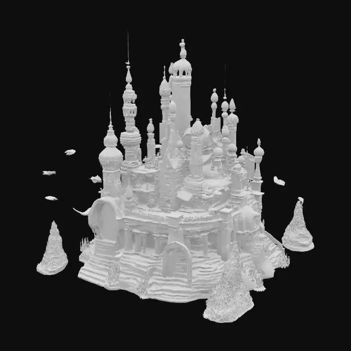 3D model for #ocean#, Highly stylized submerged sci-fi cityscape with surreal architecture, intricate linework, and flat bold colors. Sea creatures gliding through alien-looking structures under an ethereal ocean sky.