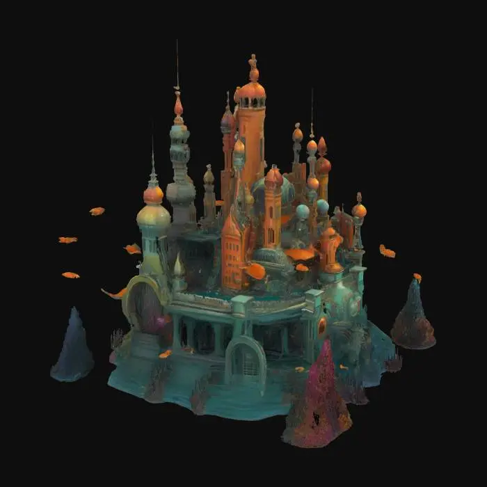 3D model for #ocean#, Highly stylized submerged sci-fi cityscape with surreal architecture, intricate linework, and flat bold colors. Sea creatures gliding through alien-looking structures under an ethereal ocean sky.